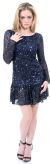 Full Sleeves Flared Skirt Sequined Mini Party Dress in Navy
